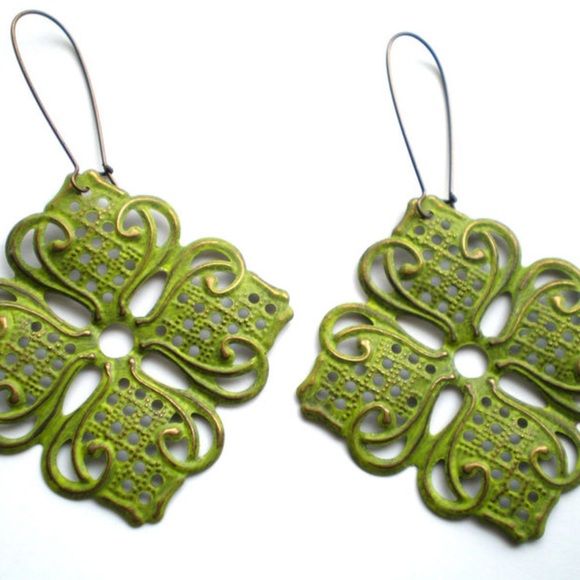 Citrus Green Hand Painted Lotus Filigree Earrings - Picture 2 of 3